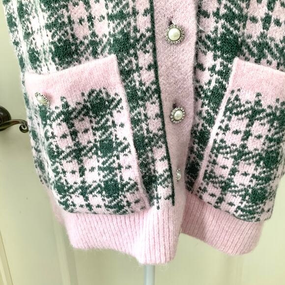 NWOT Zara Plaid Knit Vest with Pearl Buttons in Pink / Green Women's M - Picture 7 of 16